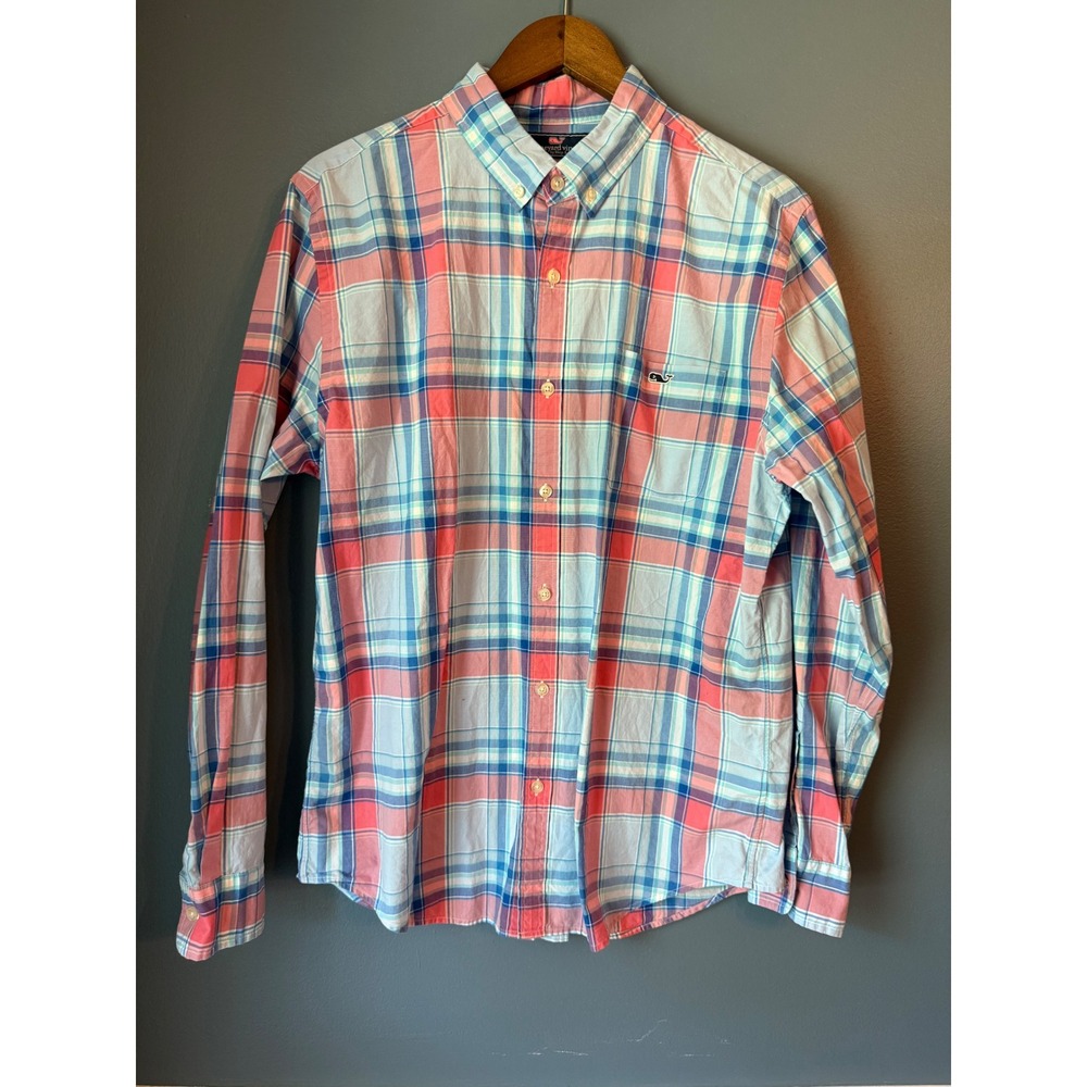 Vineyard Vines Mens Slim Fit Tucker Shirt Plaid Pink Blue Long Sleeve Large
